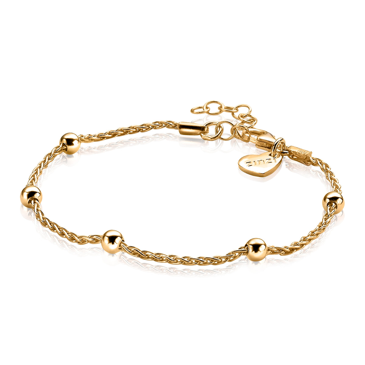 Gouden armband met gedraaide schakels en bolletjes, afgewerkt met een karabijnsluiting.