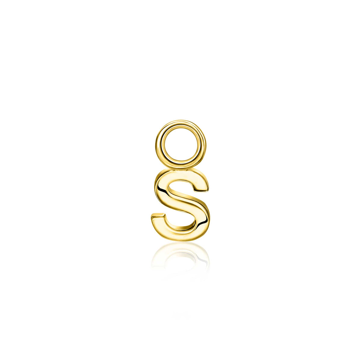 Gouden, vergulde oorbel met een hangend ontwerp in de vorm van de letter 'S'.