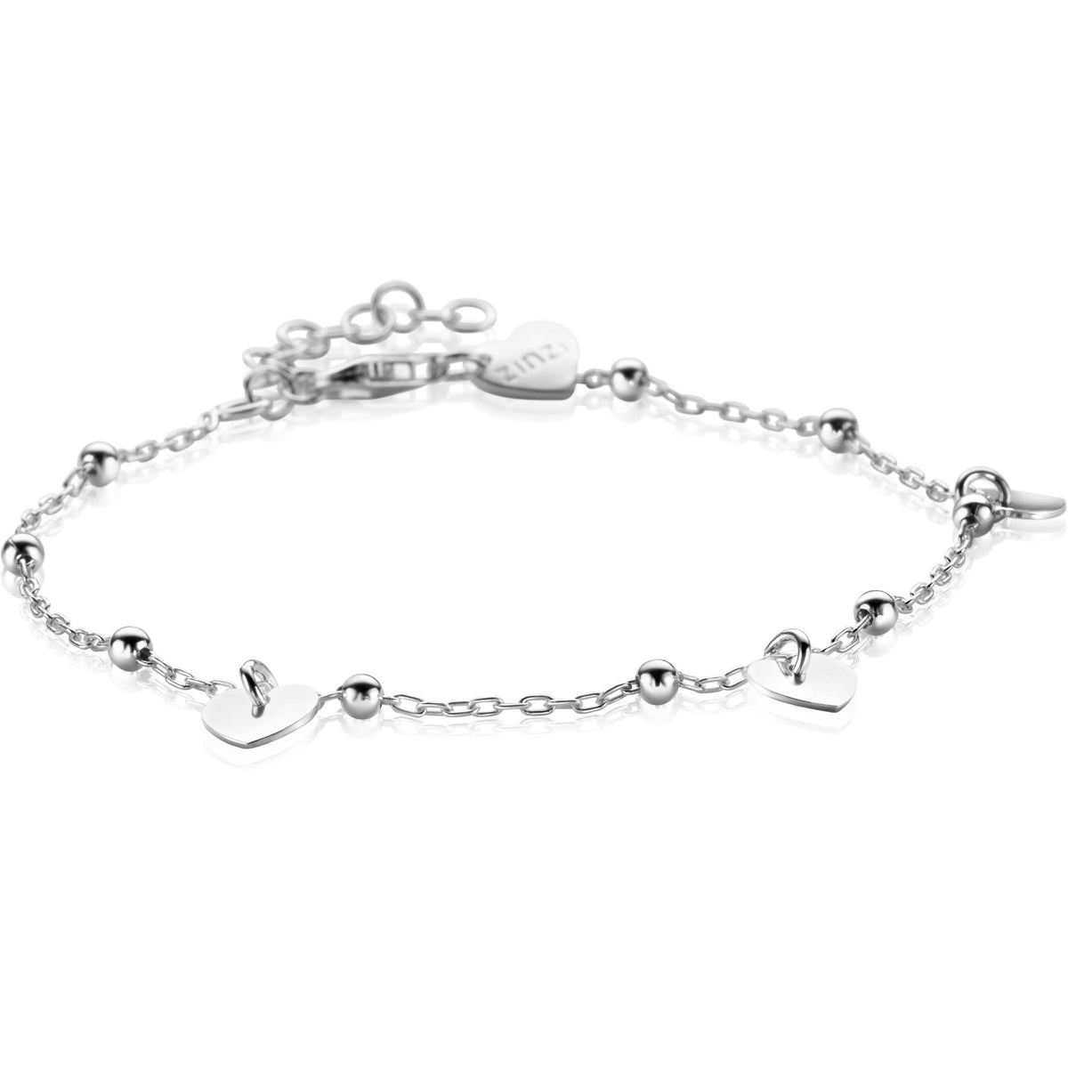 Zilveren armband met hartjes en bolletjes, voorzien van een verlengkettinkje.
