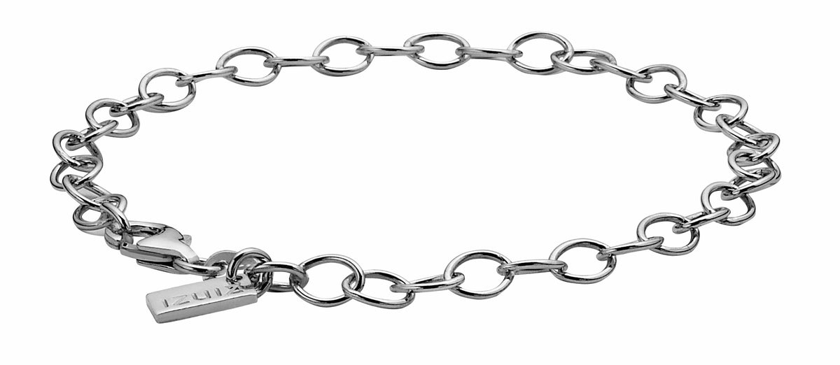 Zilveren armband met schakels en een hangend labeltje.