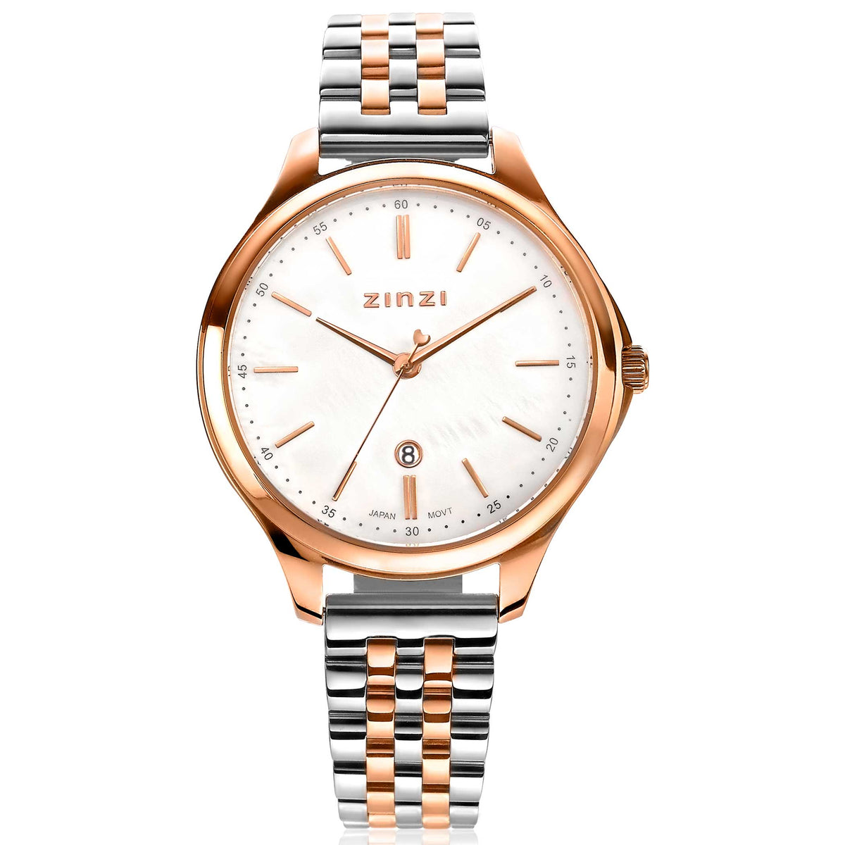 Roségoudkleurig horloge met een zilveren band, witte wijzerplaat en gouden indexen.