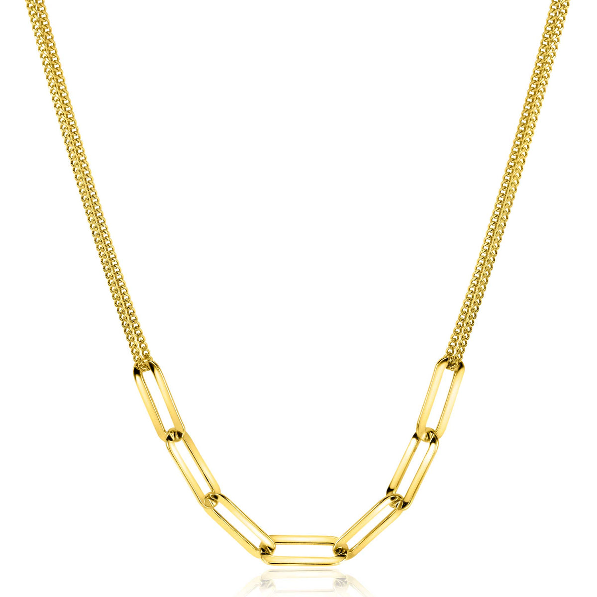 Gouden ketting met een mesh-band en een schakelontwerp met ronde details.