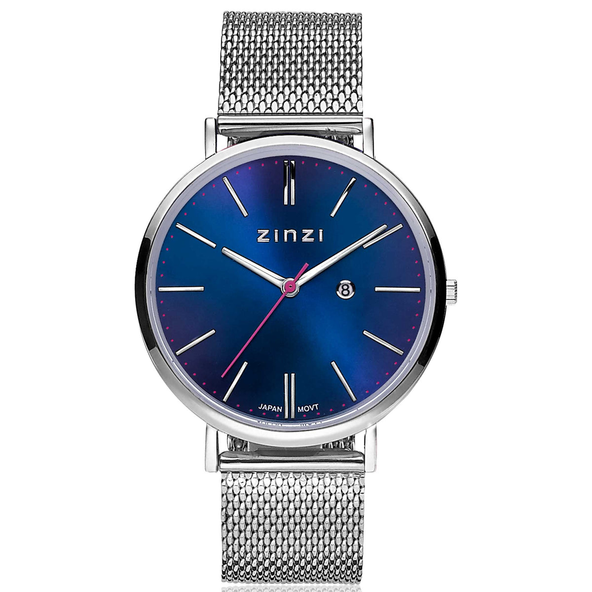 Zilverkleurig horloge van staal met een blauwe wijzerplaat en mesh-band.