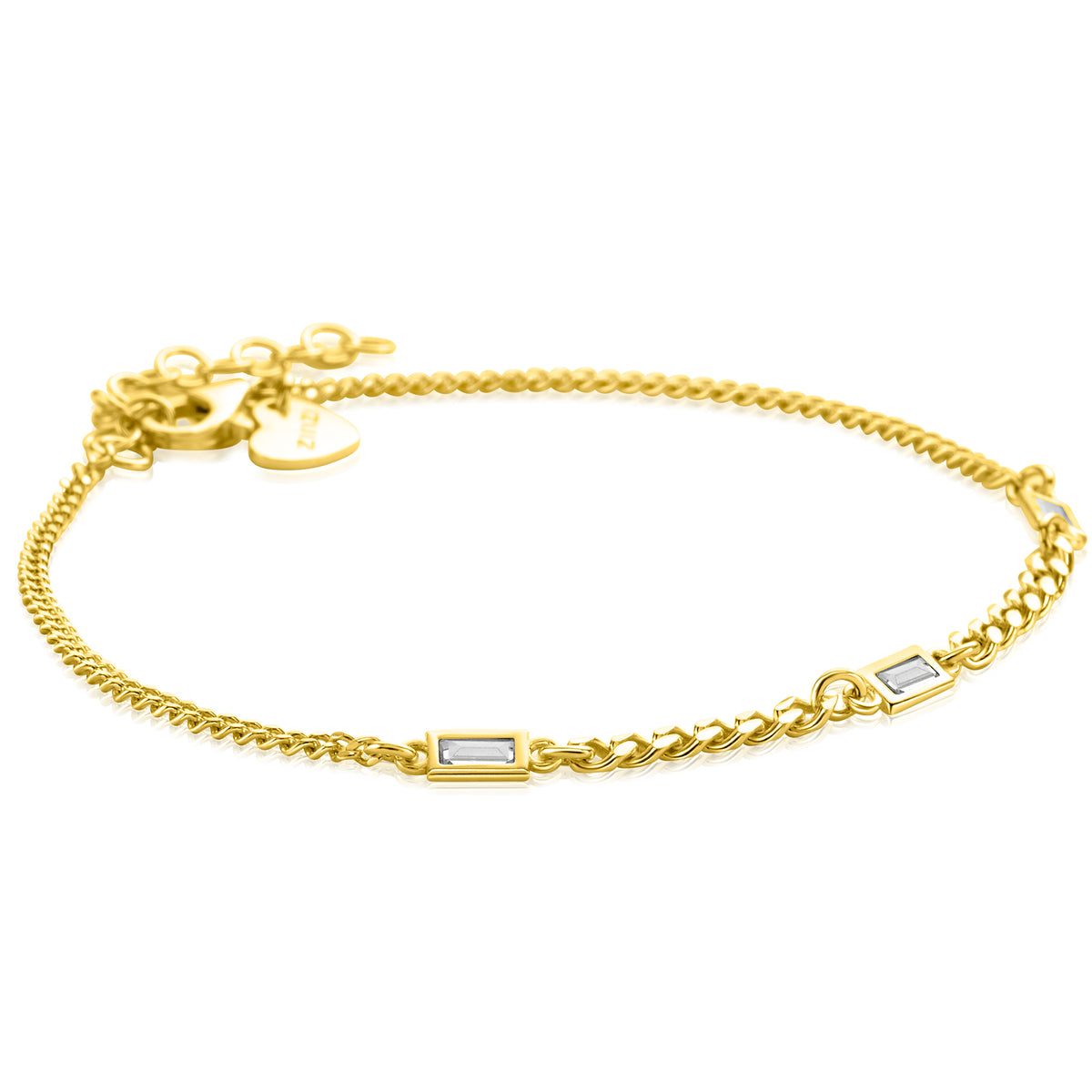 Gouden armband met schakels en twee rechthoekige, heldere steentjes.