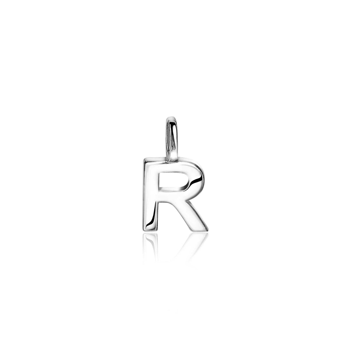 Zilveren hanger in de vorm van de letter R met een glanzende afwerking.