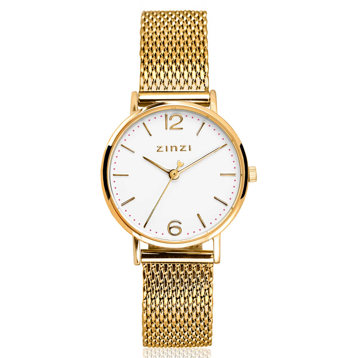Geelgoudkleurig horloge met een witte wijzerplaat, mesh-band en eenvoudige cijfers.