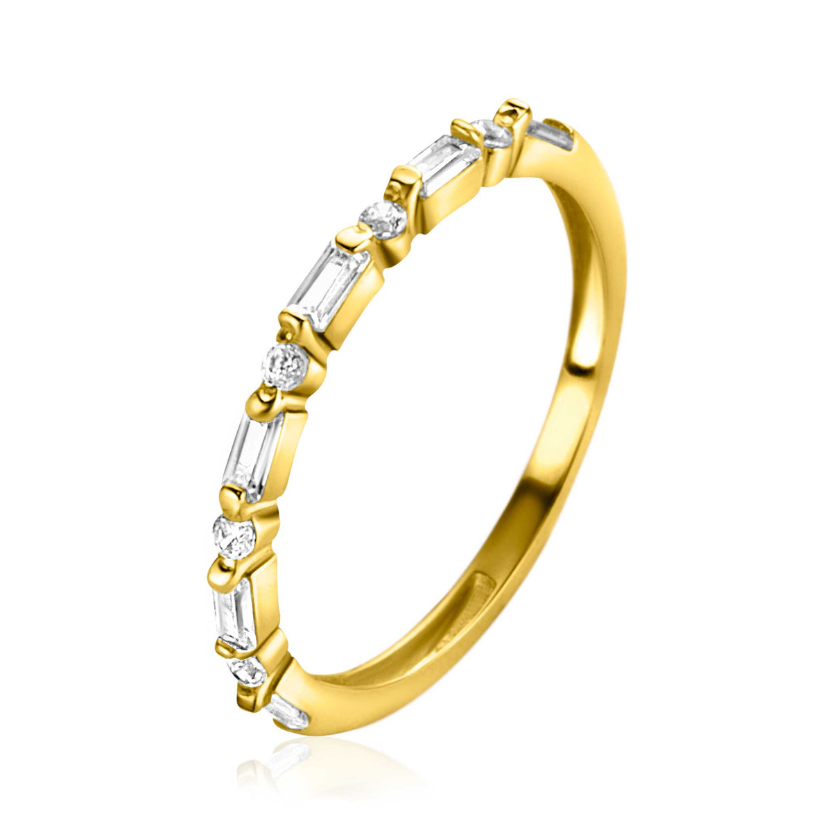 Gouden ring met een afwisselende bezetting van baguette- en ronde zirkonia-steentjes.