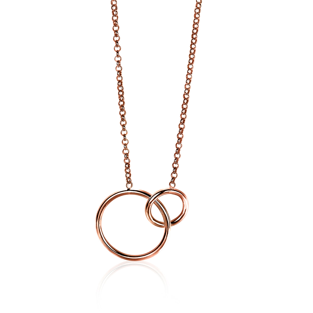 Gouden ketting met twee cirkelvormige hangers, een grotere en een kleinere, op een fijne schakelketting.
