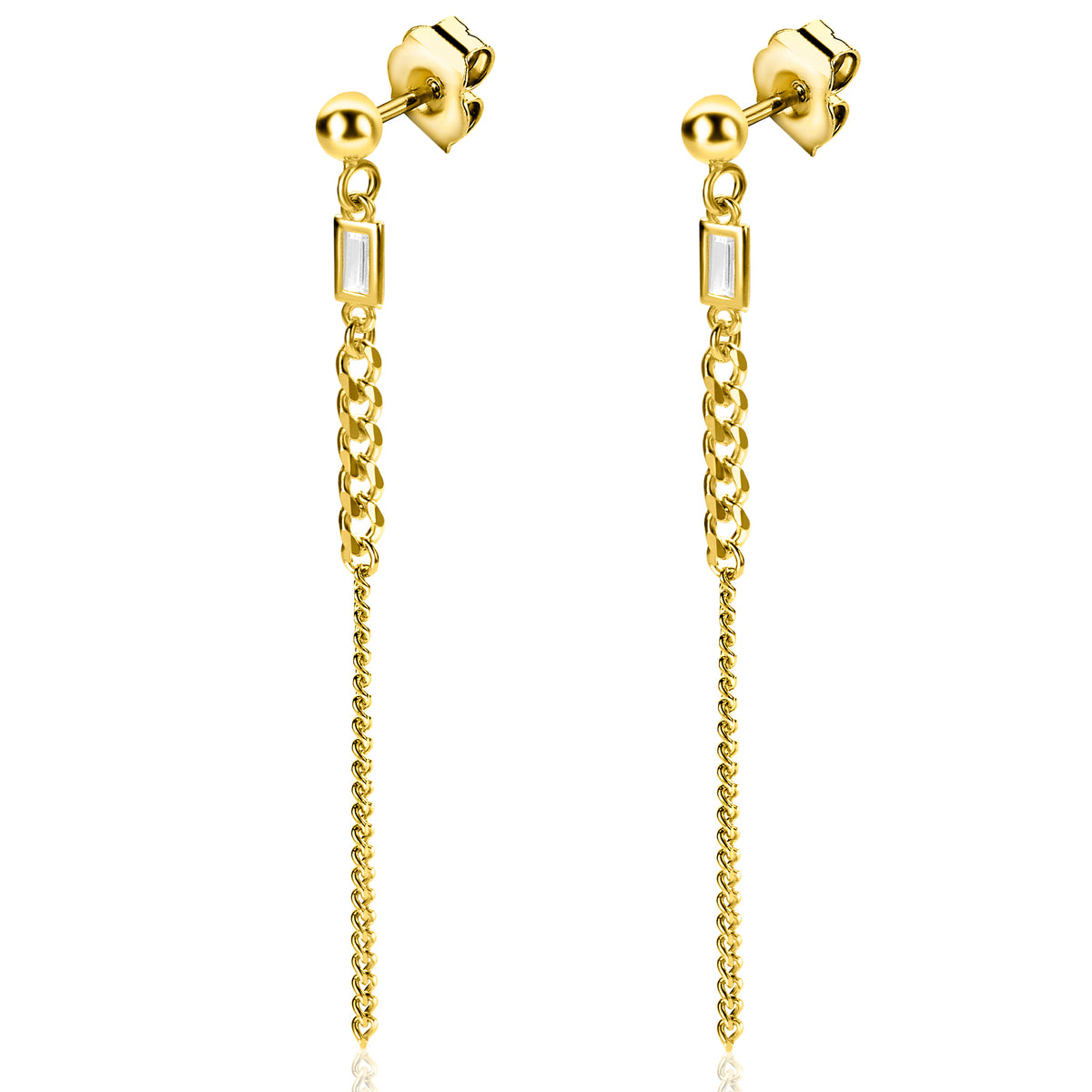 Gouden oorbellen met een lange ketting en een rechte, heldere steen.