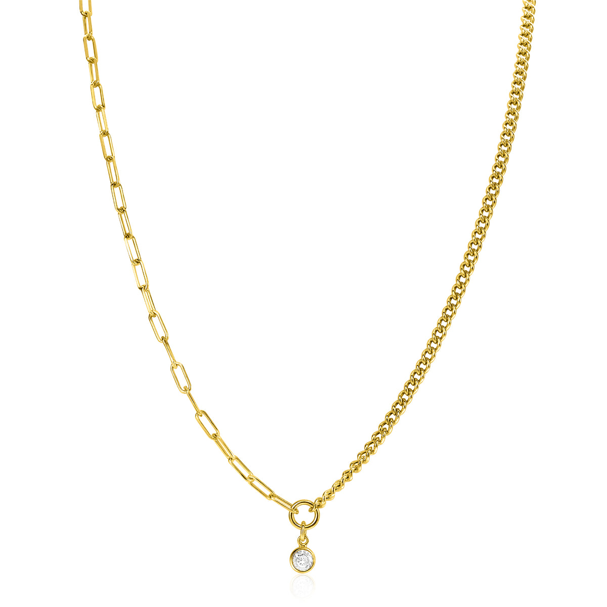 Gouden ketting met schakels en een hangertje met een heldere steen.