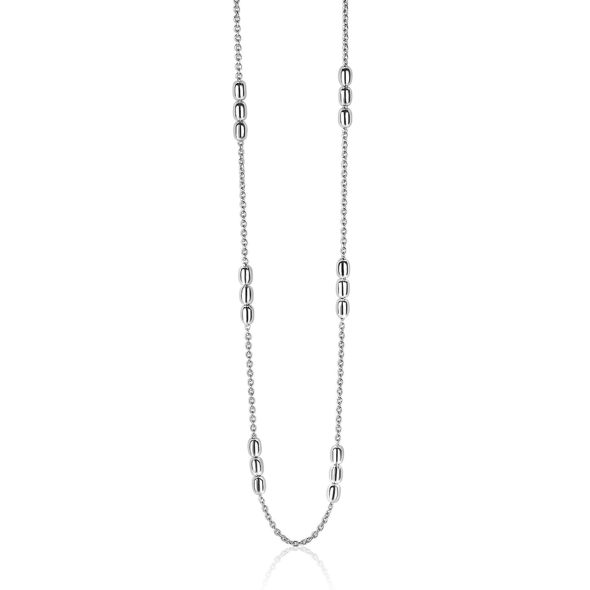 Zilveren ketting met een schakelontwerp en ronde elementen, lengte van 42 cm.