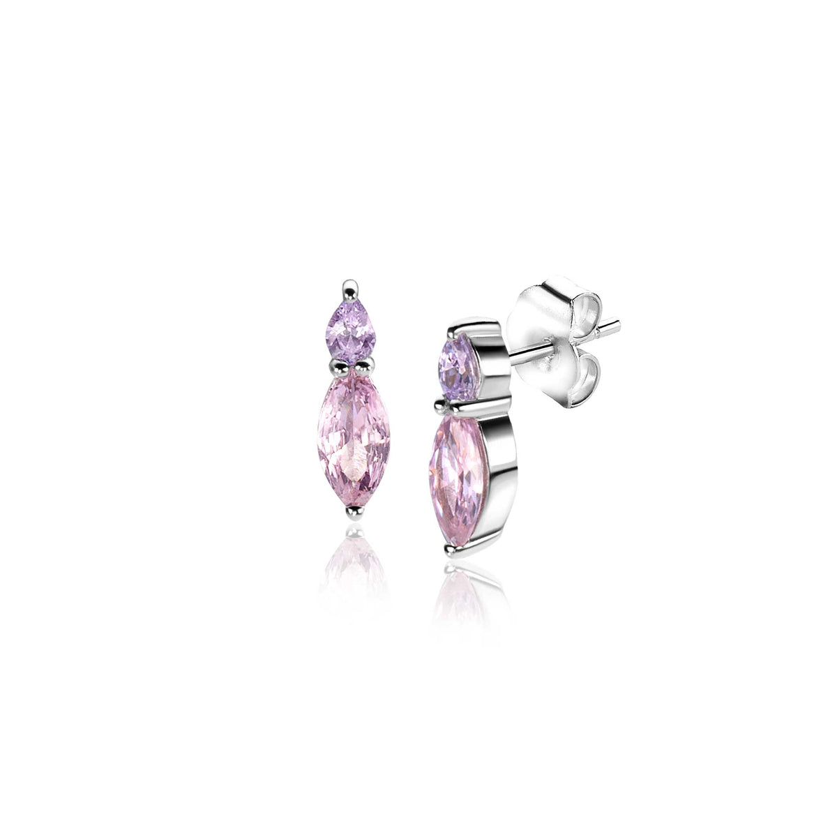 Zilveren oorbellen met paarse en roze stenen in marquise-vorm.