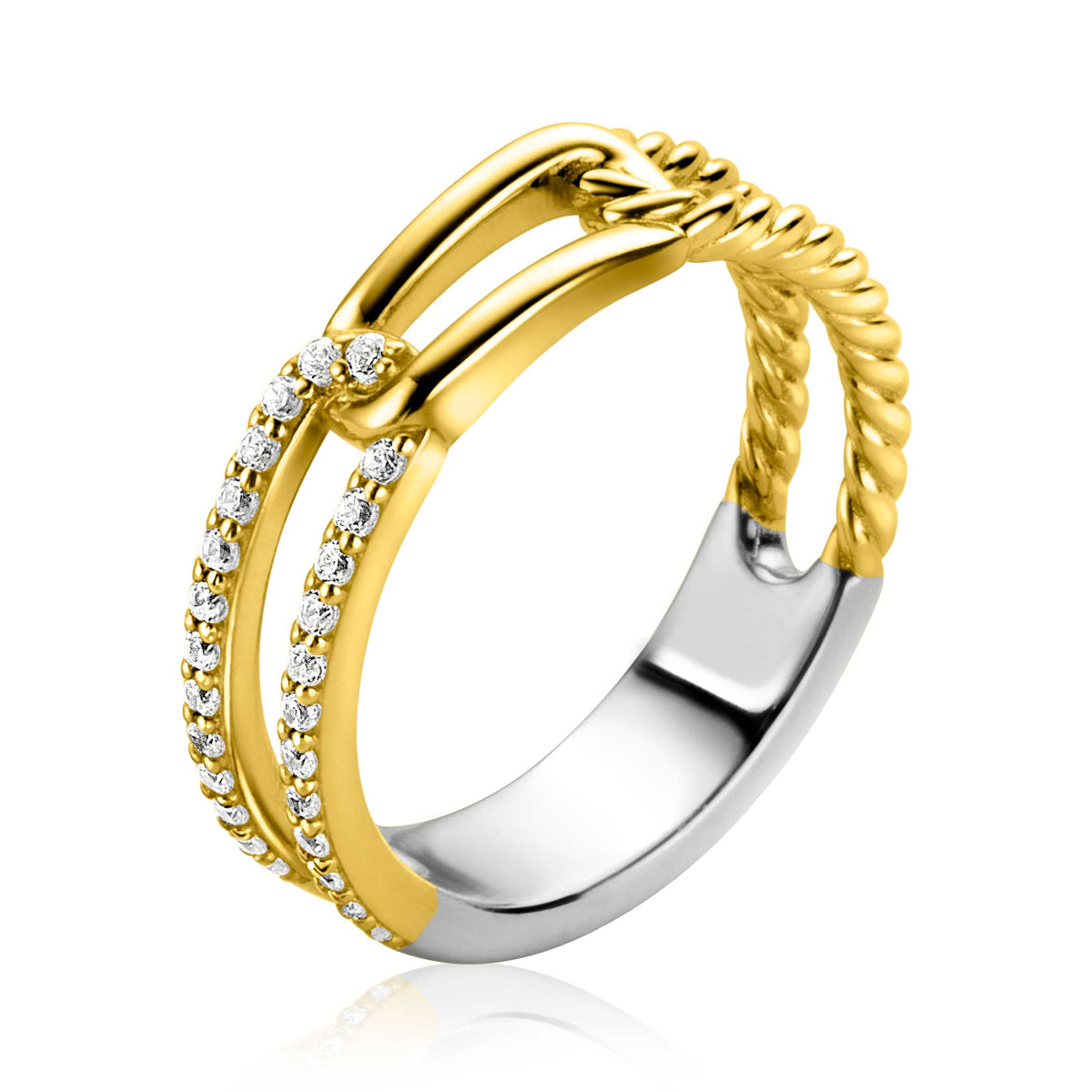 Gouden ring met een gedraaide band en een rij heldere steentjes aan de voorkant.