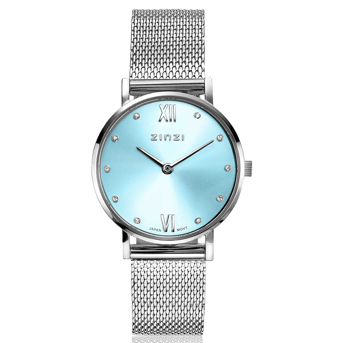 Zilverkleurig horloge van staal met een lichtblauwe wijzerplaat en mesh-band, versierd met steentjes.