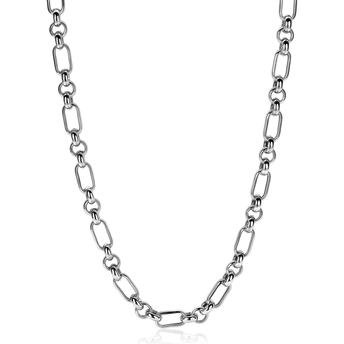Zilveren ketting met een schakelpatroon van rechthoekige schakels.