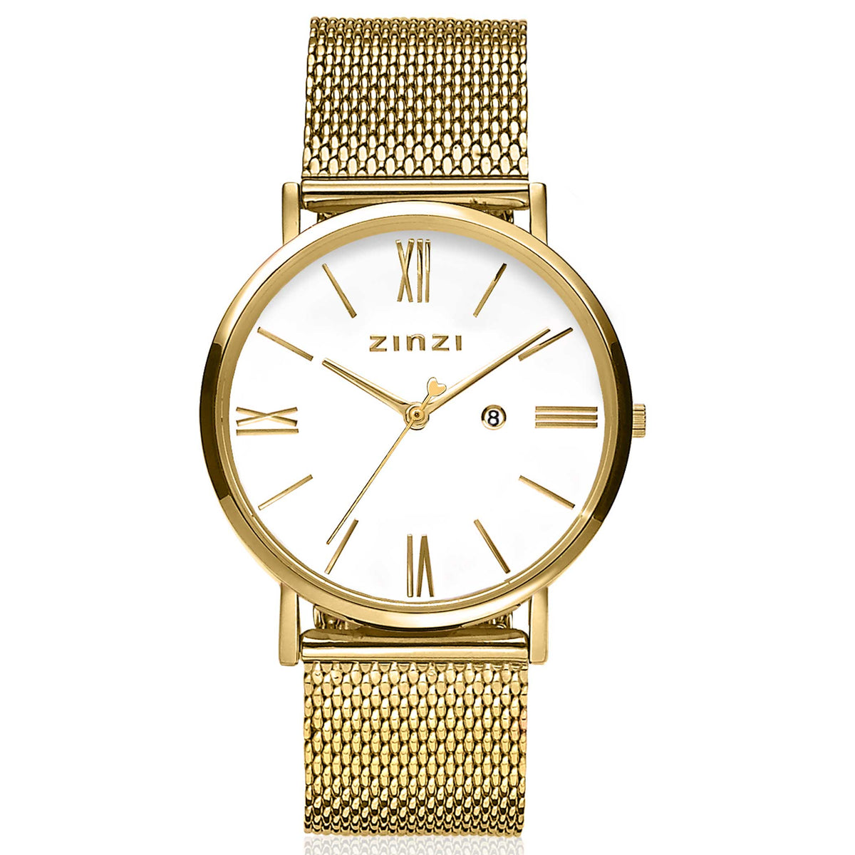 Geelgoudkleurig horloge met witte wijzerplaat, Romeinse cijfers en mesh-band.