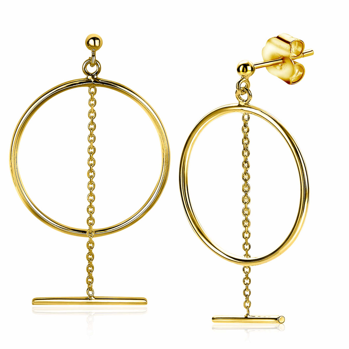 Gouden, vergulde oorbellen met een open cirkelvorm en een hangende schakelketting.