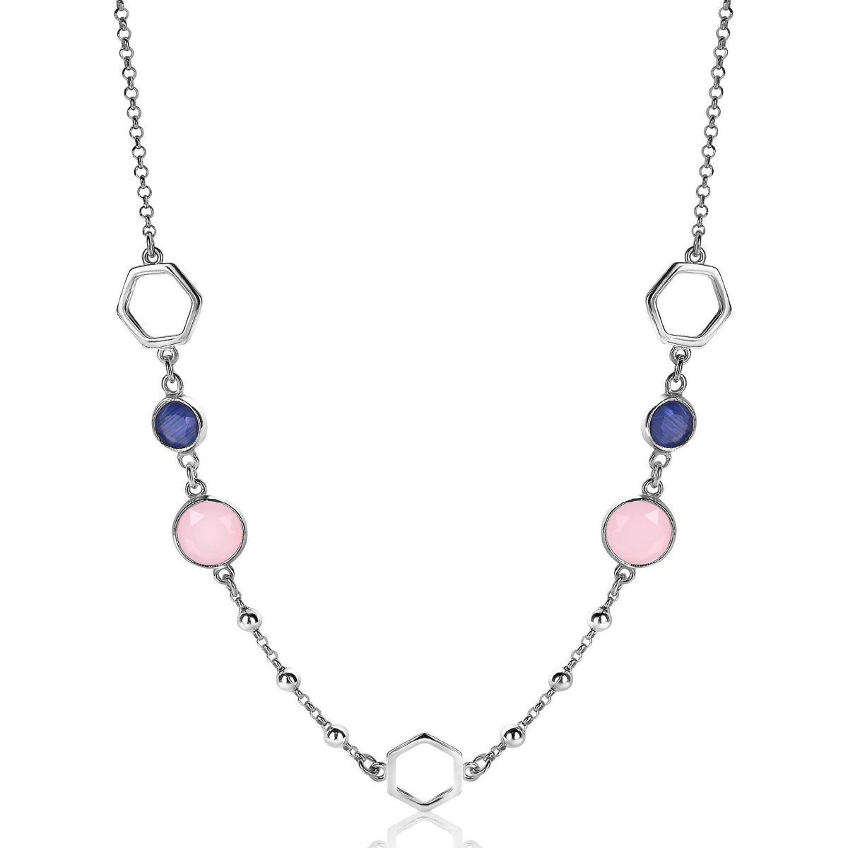 Zilveren ketting met hexagonale en ronde schakels, versierd met paarse en roze stenen.