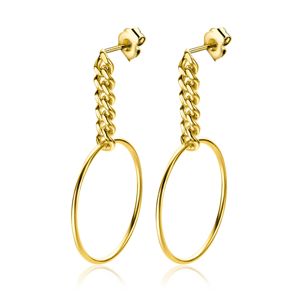Gouden oorbellen met een schakelketting en een grote ring.