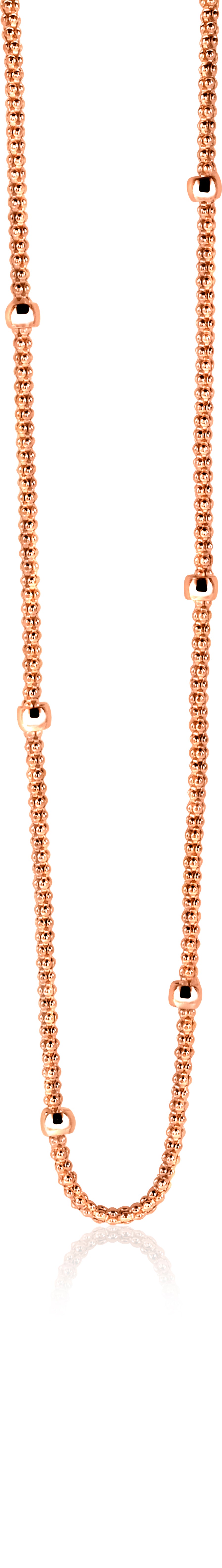 Roségouden ketting met bolvormige schakels en tussenringen, glanzende afwerking.