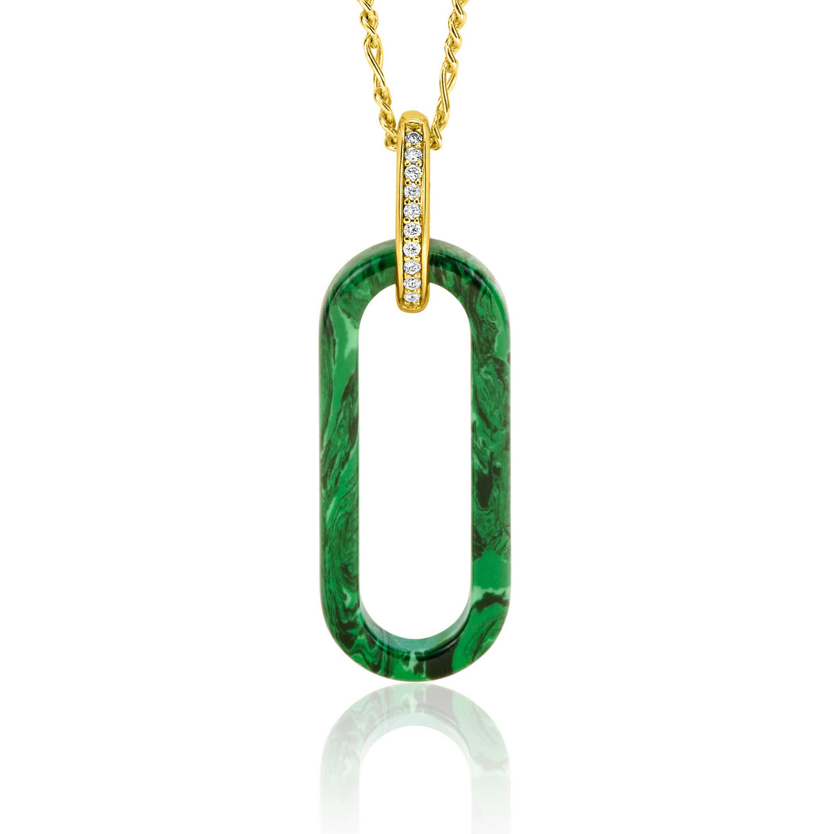 Gouden hanger met groene marmerachtige ovalen vorm en een strassdetail aan de bovenkant.
