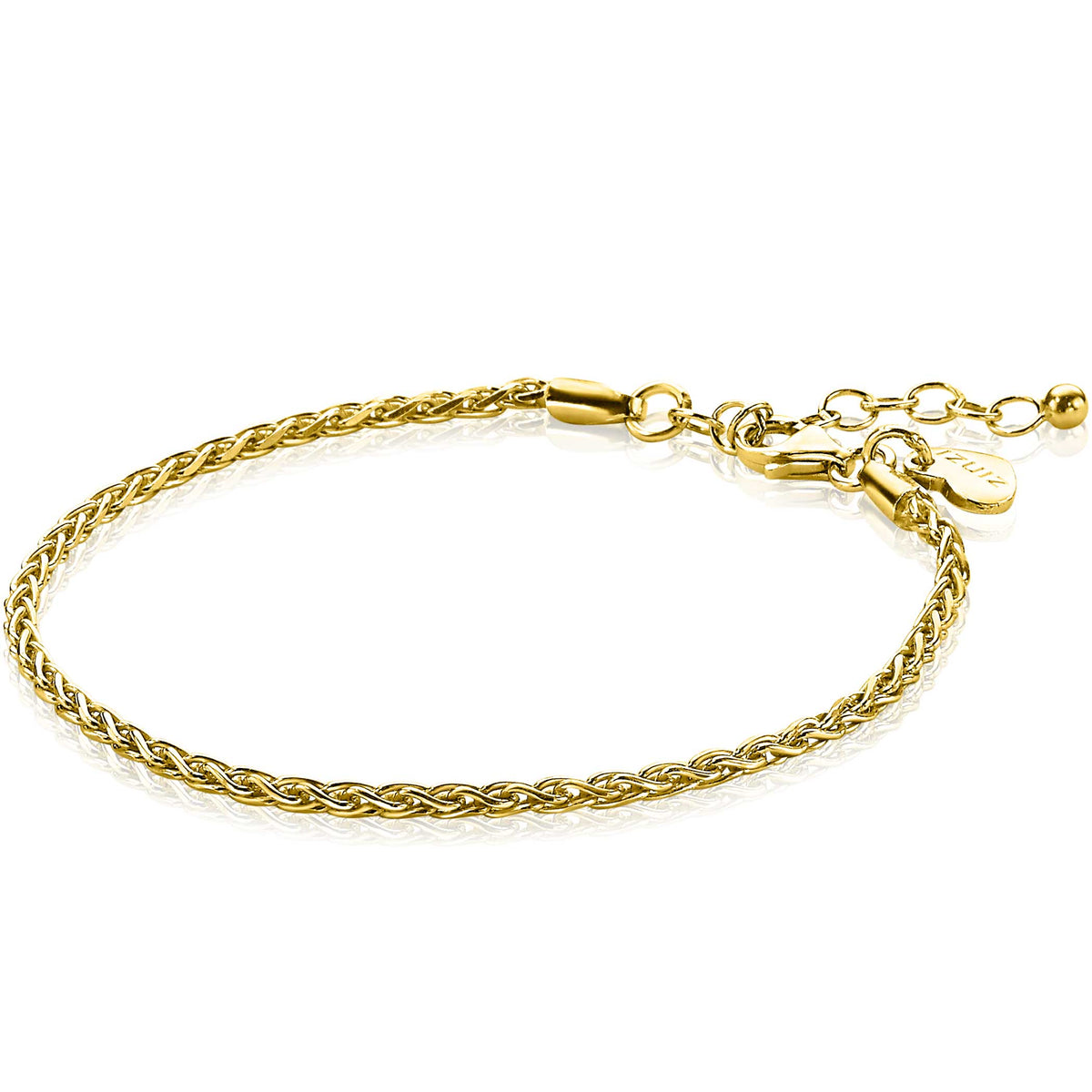 Gouden armband met een gevlochten ontwerp en een verstelbare sluiting.