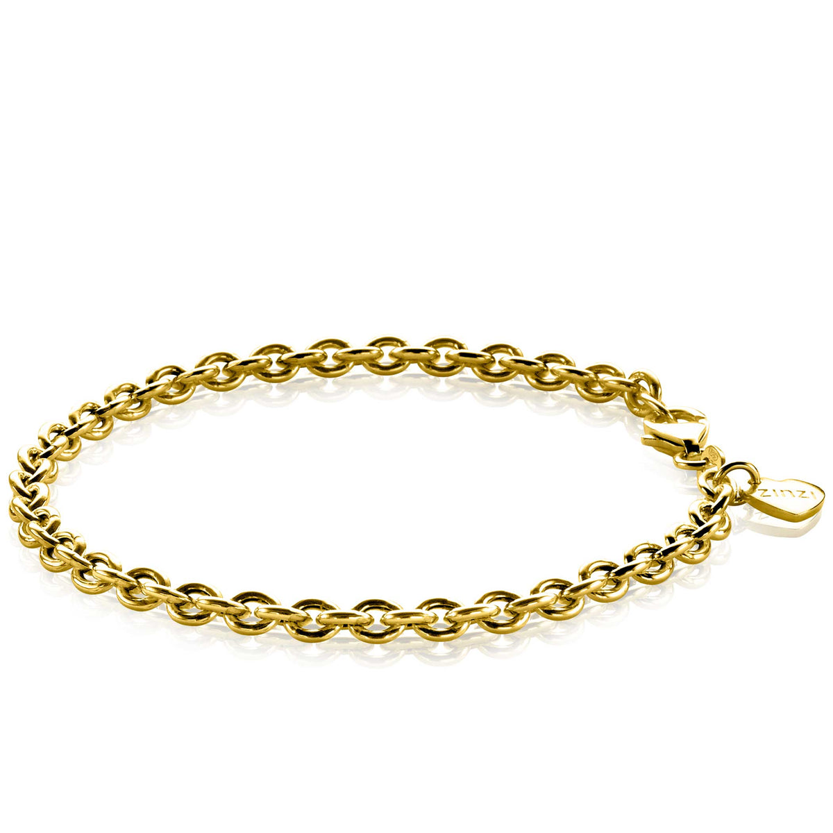 Een 19 cm grote, vergulde Zinzi Armband Zia1153 G met kleine in elkaar grijpende schakels en een hartvormig bedeltje met de tekst Linz, elegant gepresenteerd op een onberispelijk witte achtergrond.