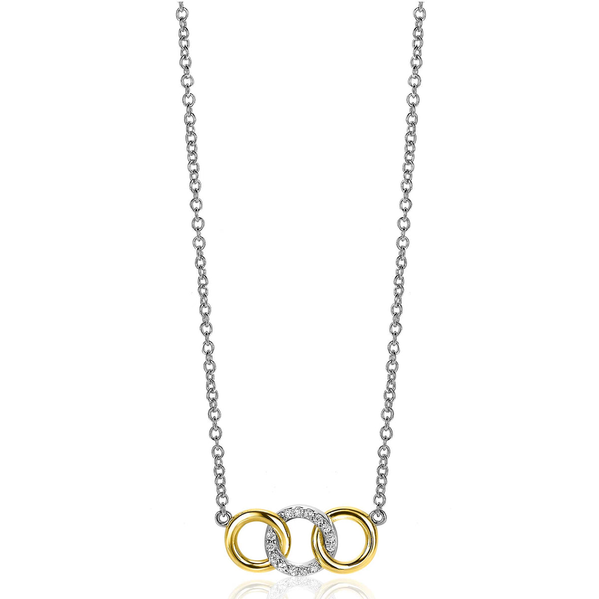 Zilveren ketting met vergulde schakels en een hanger met witte steentjes.