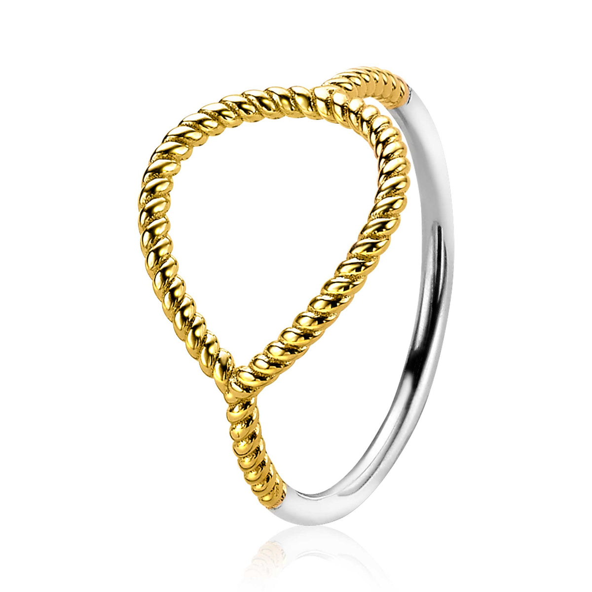 Gouden ring met gedraaide draaddetails en een zilveren band.
