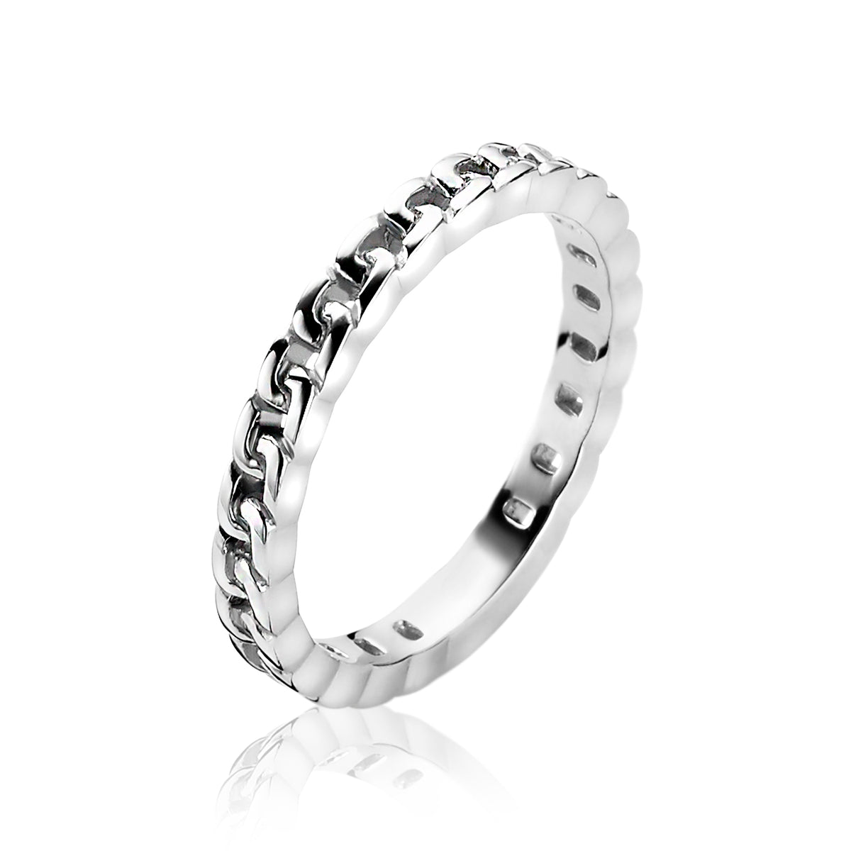 Zilveren ring met een schakelpuntdesign en een glanzende afwerking.