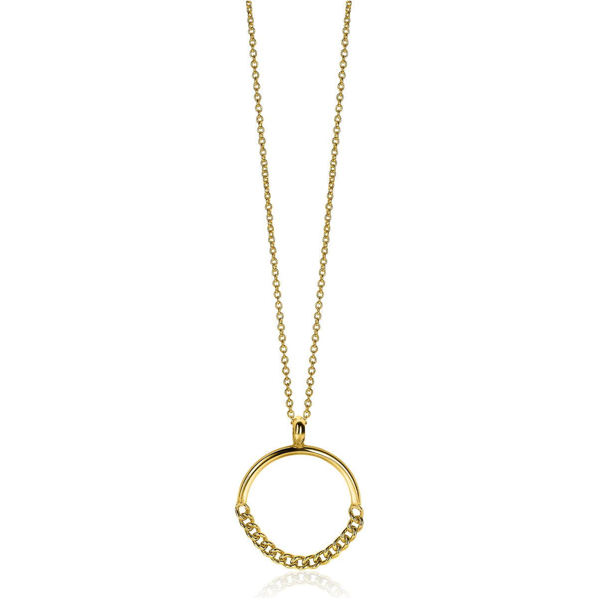 Gouden hanger met een ronde vorm en kleine steentjes, aan een fijne ketting.