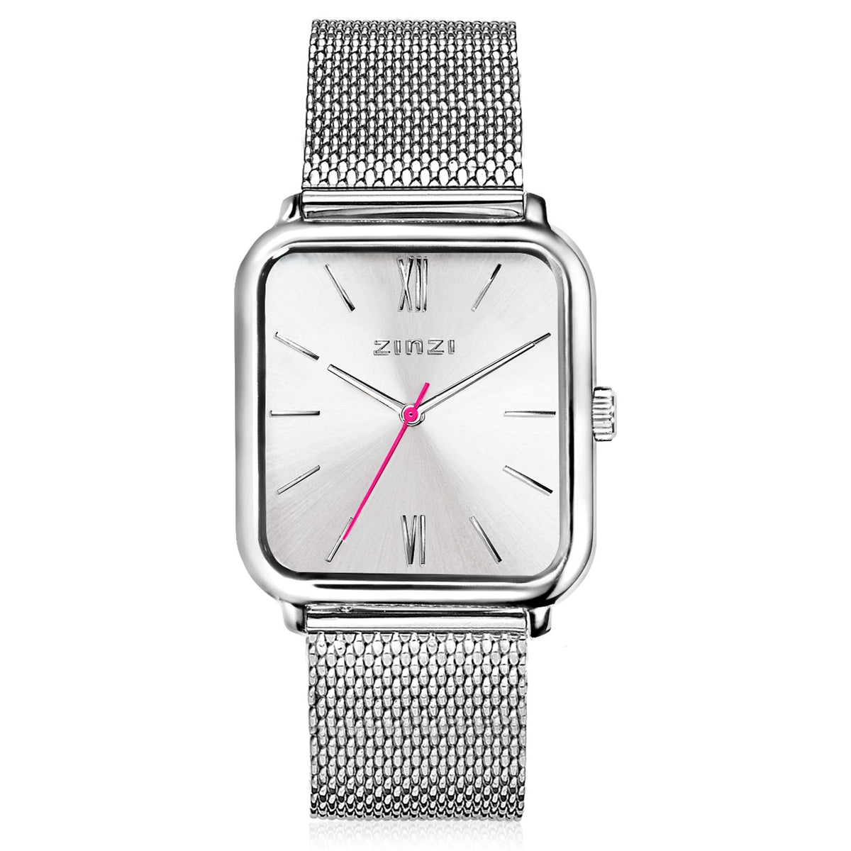 Zilverkleurig horloge van staal met vierkante wijzerplaat, mesh-band en roze secondewijzer.