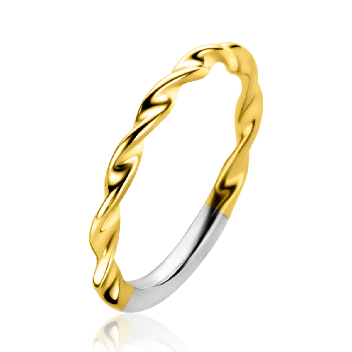 Gouden ring met gedraaide vorm en een zilveren afwerking aan de onderzijde.