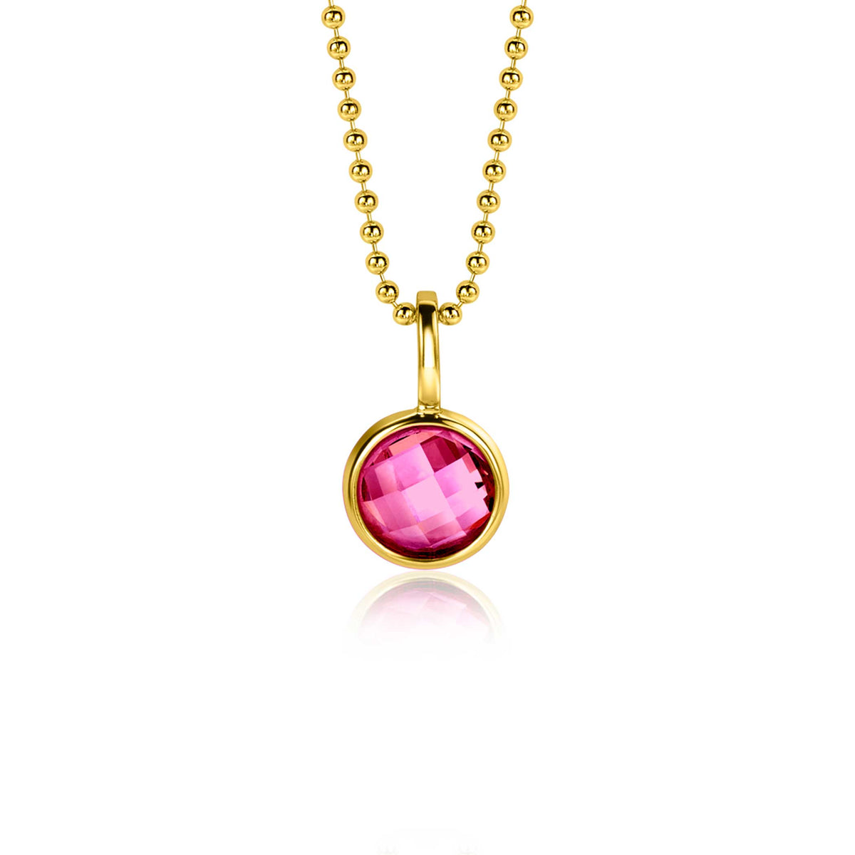 Gouden hanger met een ronde, paarse edelsteen aan een bolletjesketting.