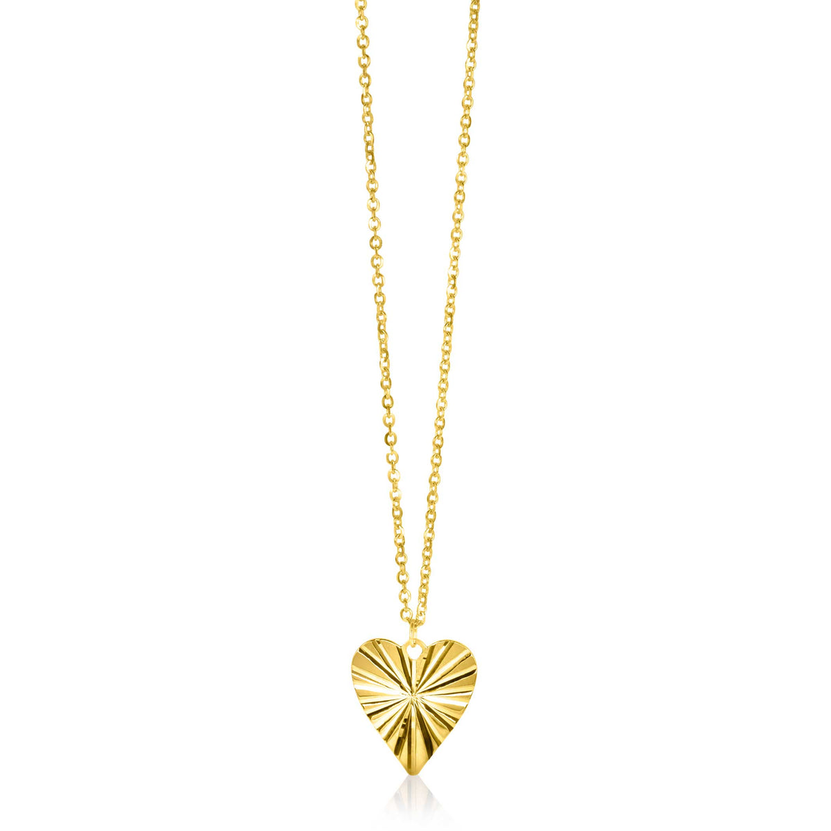 Ontdek de elegantie van de Zinzi Ketting Goud Zgc340, voorzien van een gepolijste ketting met een centraal geplaatste hartvormige hanger met een zonnestralenpatroon, dat verfijning en glans uitstraalt.