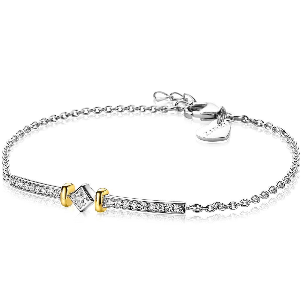 Zilveren armband met een strakke schakel, versierd met een gouden detail en sprankelende steentjes.