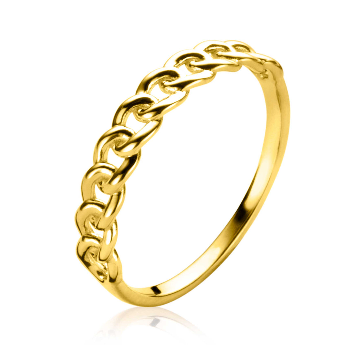 Gouden ring met een schakelontwerp en een glanzende afwerking.