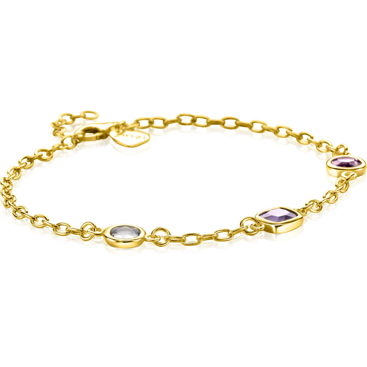 Gouden armband met schakels en drie gekleurde stenen in verschillende vormen.