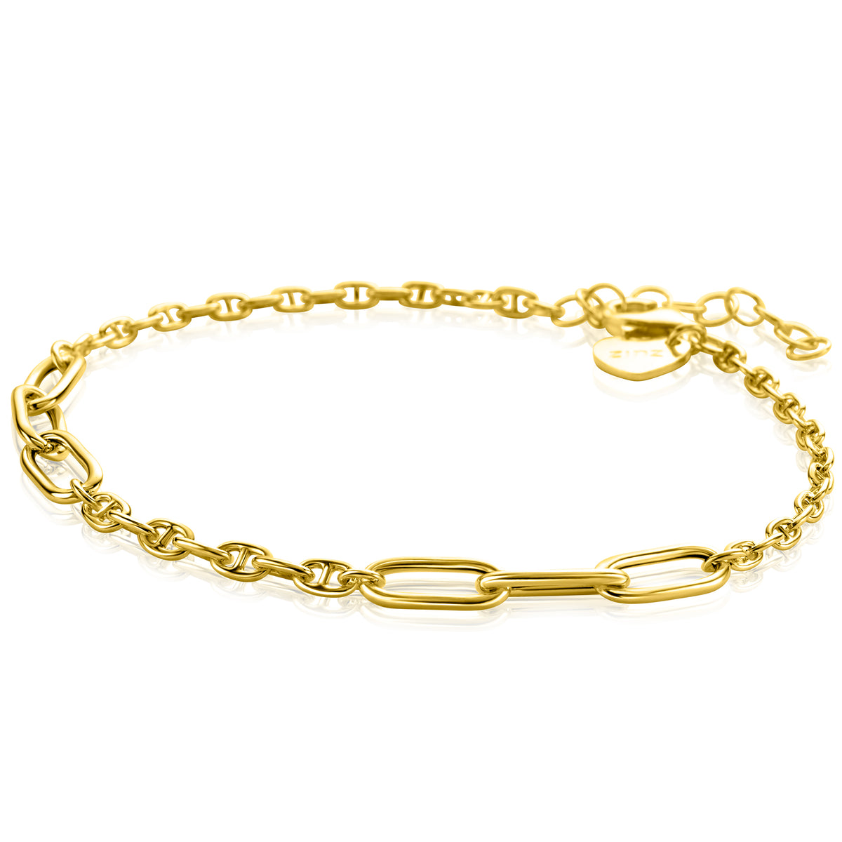 Gouden armband met schakels in verschillende vormen en een verlengketting.