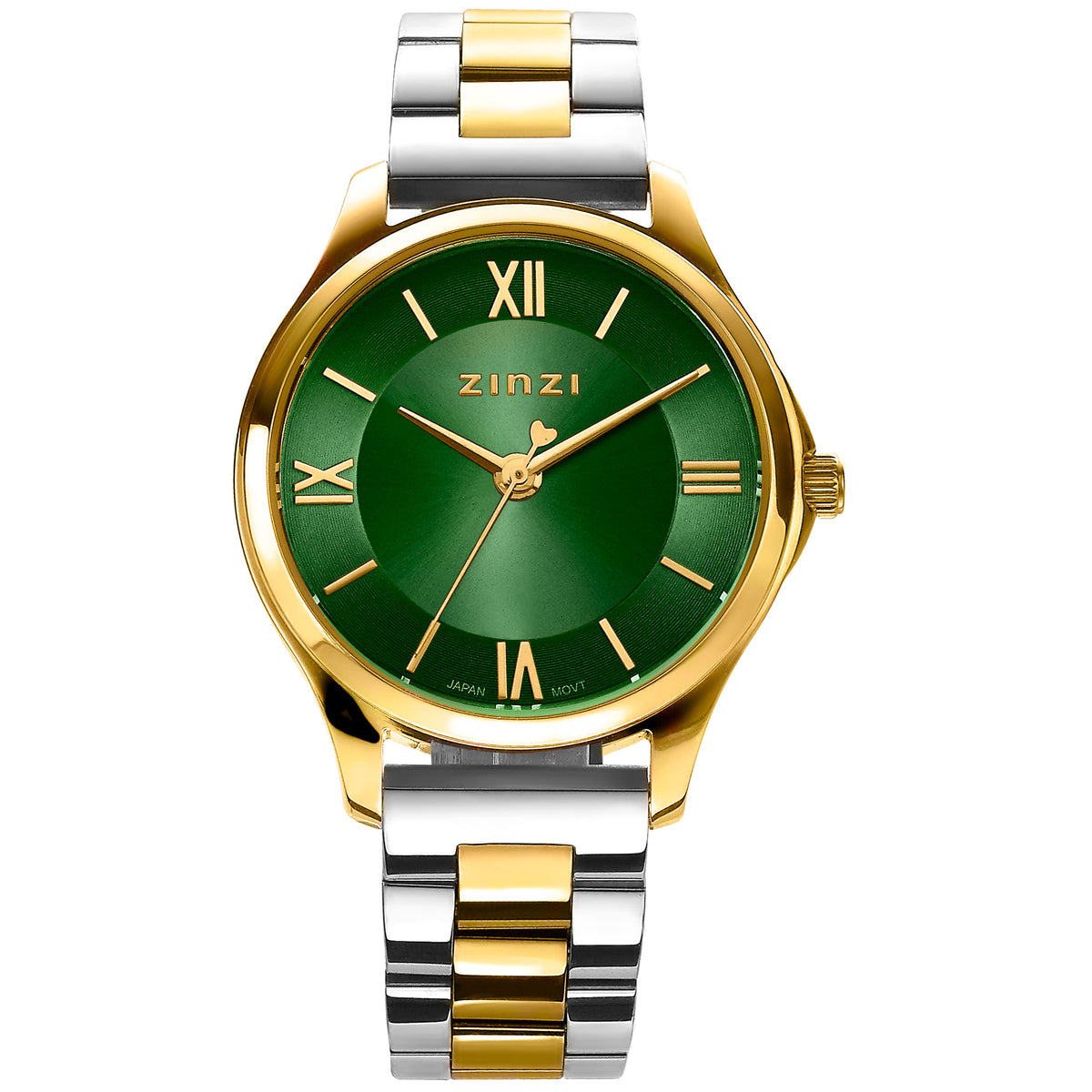 Goudkleurig horloge met groene wijzerplaat, gouden en zilveren schakelband en Romeinse cijfers.