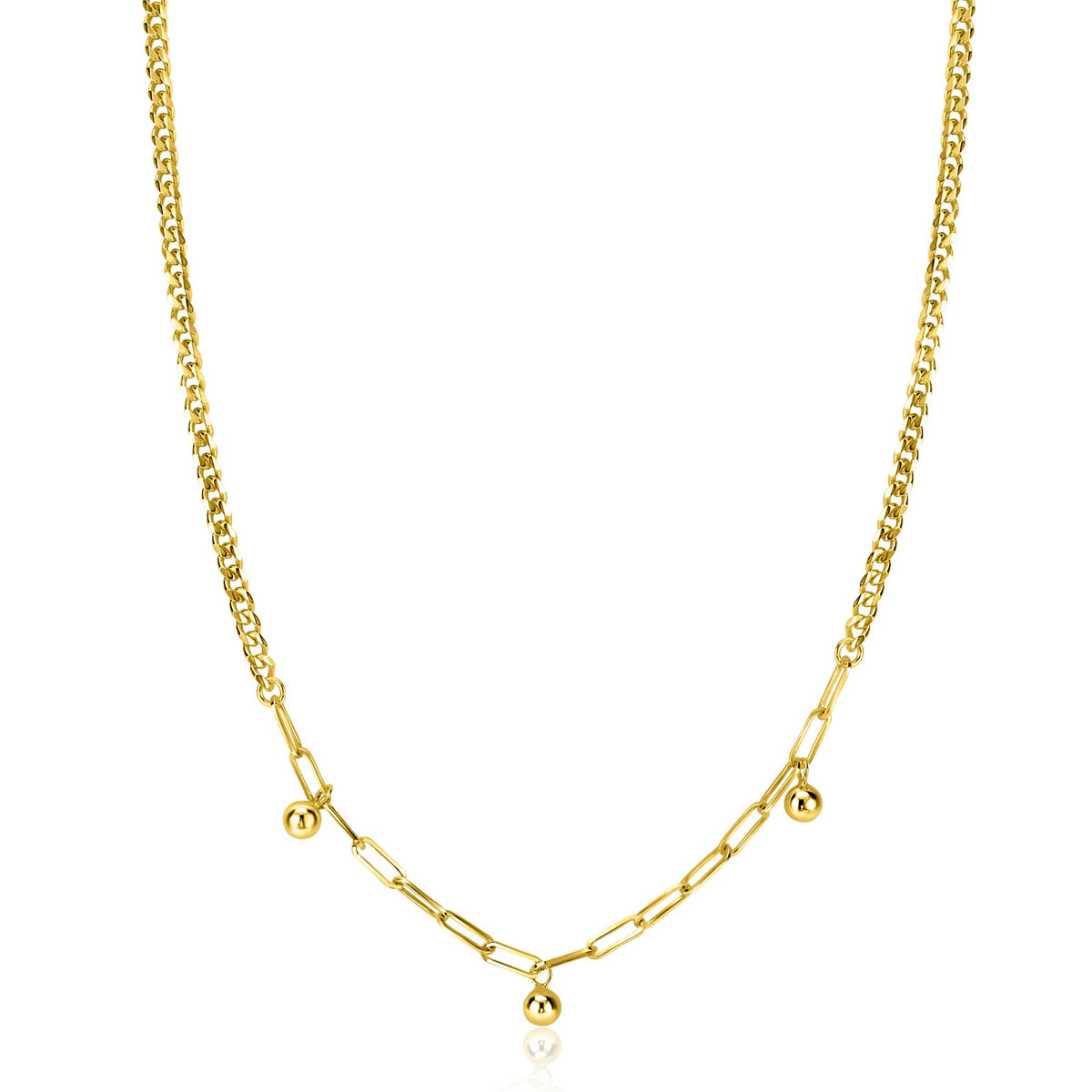 Gouden ketting met schakels en drie ronde bedels.