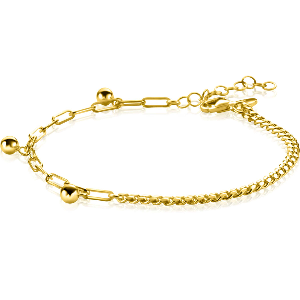 Gouden armband met schakels en bolletjes, voorzien van een karabijnsluiting.