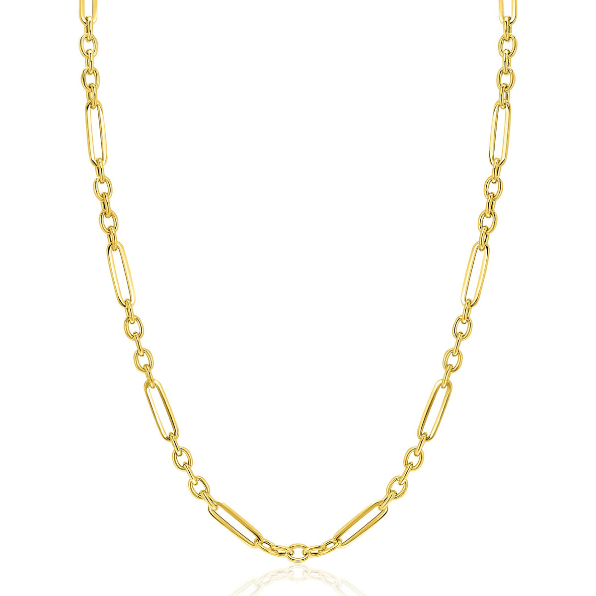 Gouden ketting met een schakelpatroon van langwerpige en ronde schakels.