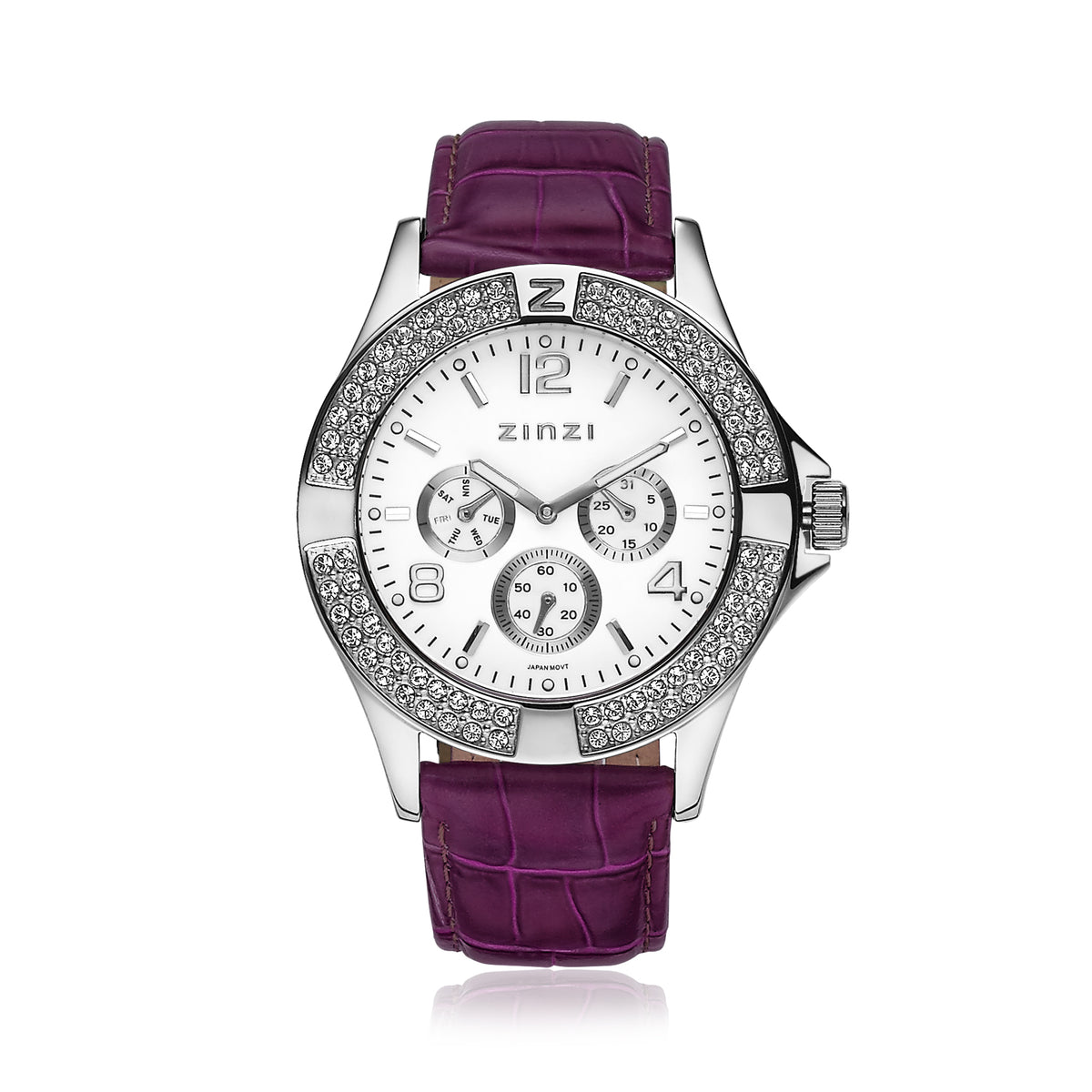 Ontdek de elegantie van het Zinzi Zilverkleurig Horloge Staal Uno4, met een zilveren horloge met een paarse band. Het beschikt over drie subdials, een ronde bezel met kristallen en uurmarkeringen naast de merknaam Zinzi op een witte achtergrond.