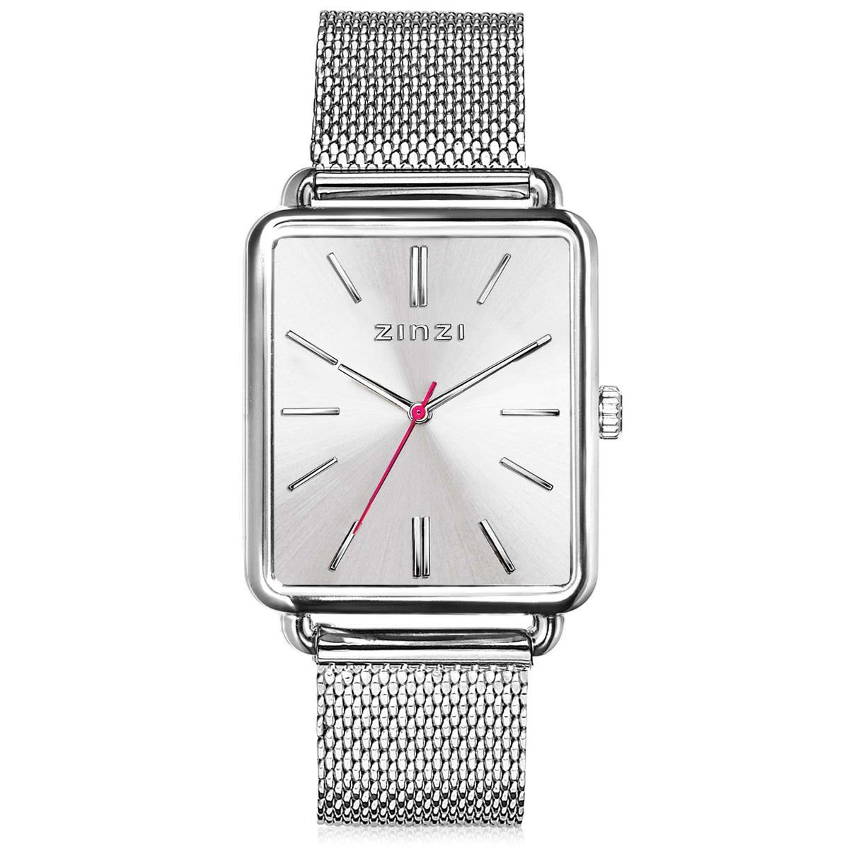Zilverkleurig horloge van staal met een vierkante wijzerplaat, mesh-band en een rode secondewijzer.