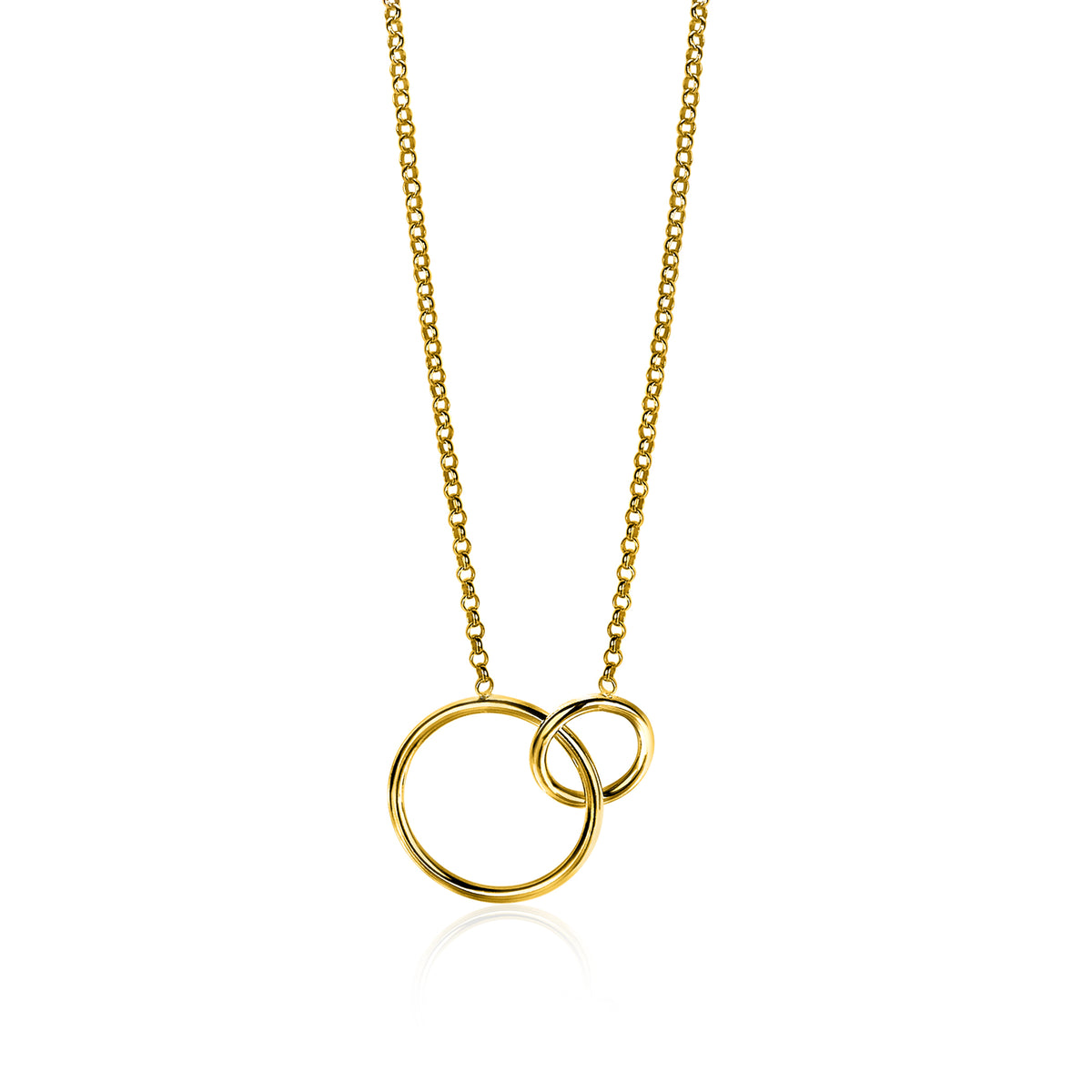 De Zinzi Ketting Gold Plated Zic1278 G heeft twee in elkaar grijpende ronde hangers, een grote en een kleine, aan een delicate vergulde ketting. Voeg elegantie toe aan je sieradencollectie met dit prachtige sieraad van Zinzi.