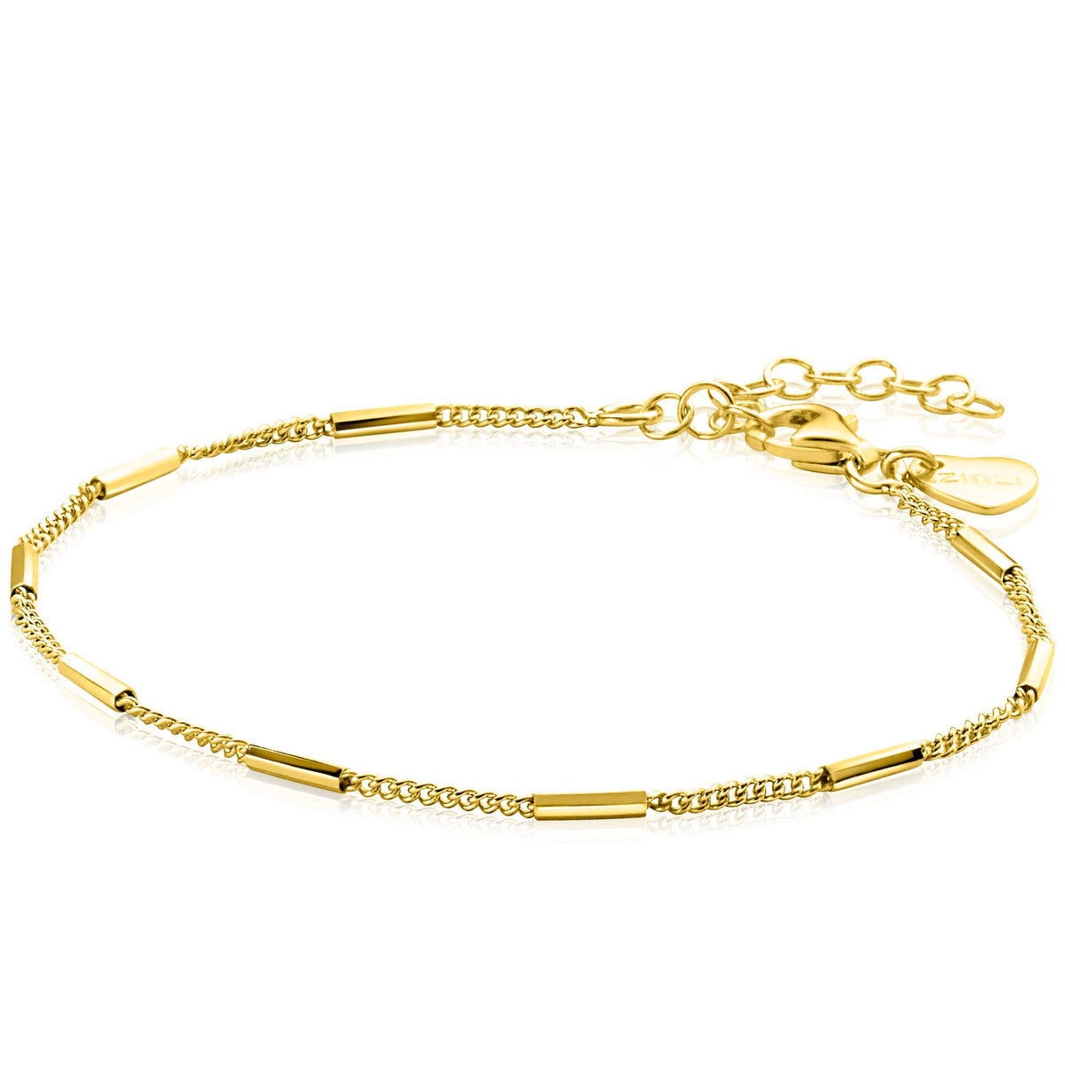 Gouden armband met een combinatie van schakels en staafjes, afgewerkt met een verlengkettinkje.
