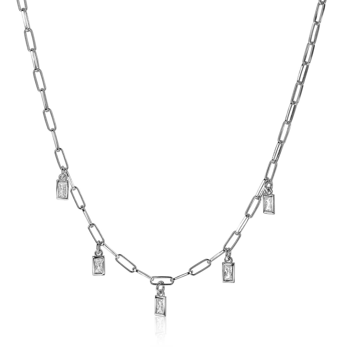 Zilveren ketting met schakels en vijf hangende, rechthoekige steentjes.