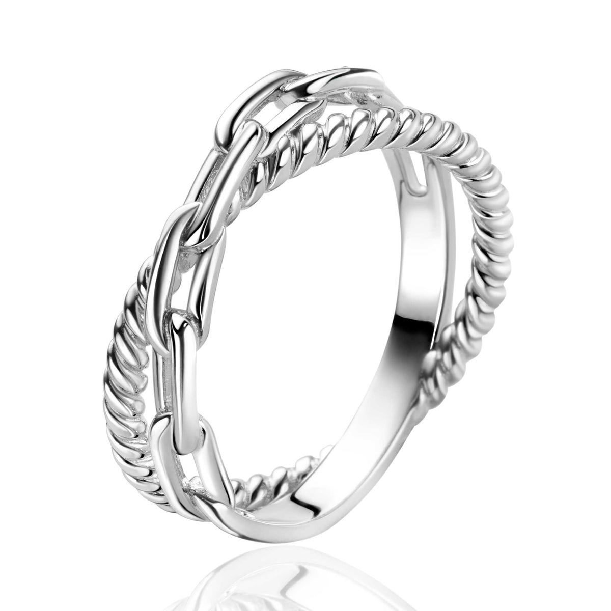 Zilveren ring met een gedraaid design en een dubbele band.