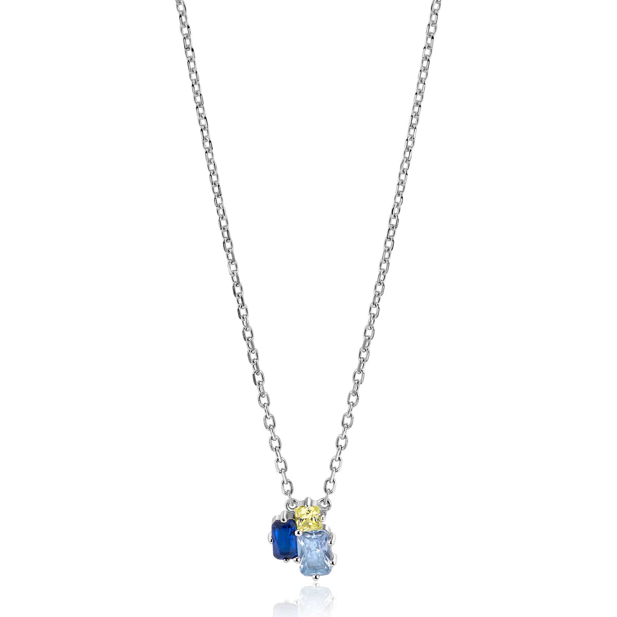 Zilveren ketting met twee kleurrijke edelstenen in blauw en geel.